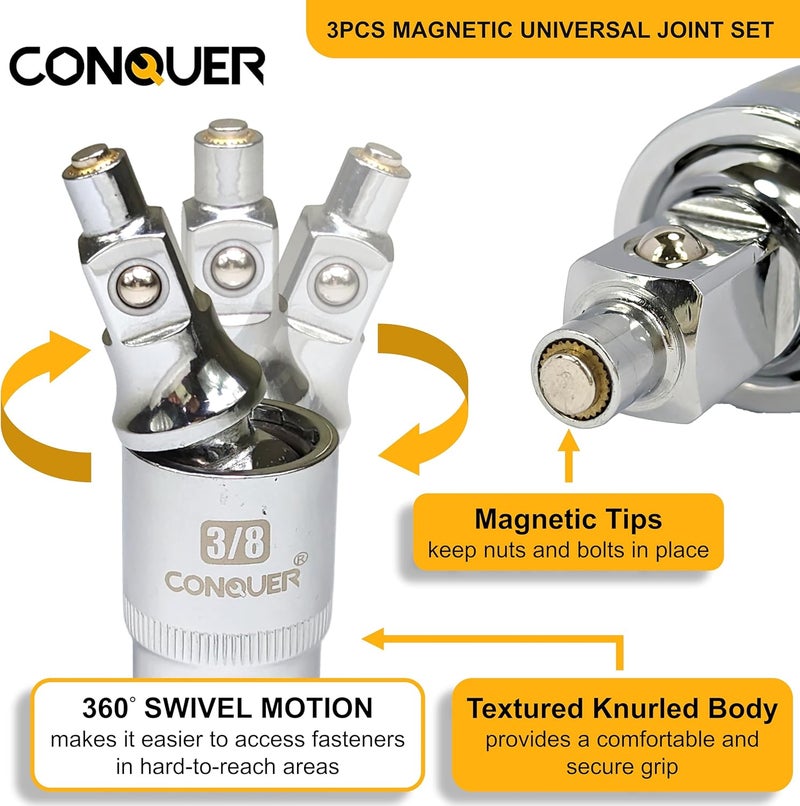 Conquer Magnetic 2-Stage Universal Joint Socket Extension Set – 1/4", 3/8" & 1/2" Drive CR-MO Steel Adapters with Swivel & Fixed Positions, Magnetic Tip for Automotive, Mechanic & DIY Repairs - Image 4